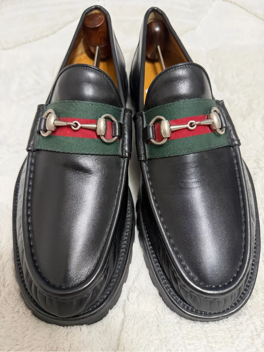 NEW! $1250 Gucci Horse-bit Lug Sole Green Red Web Chunky Loafers 9.5 10.5